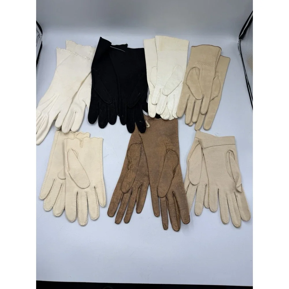 Vtg Delicate Kid Leather & Fabric Dress Gloves Lot of 7 Embroidered Decor Only